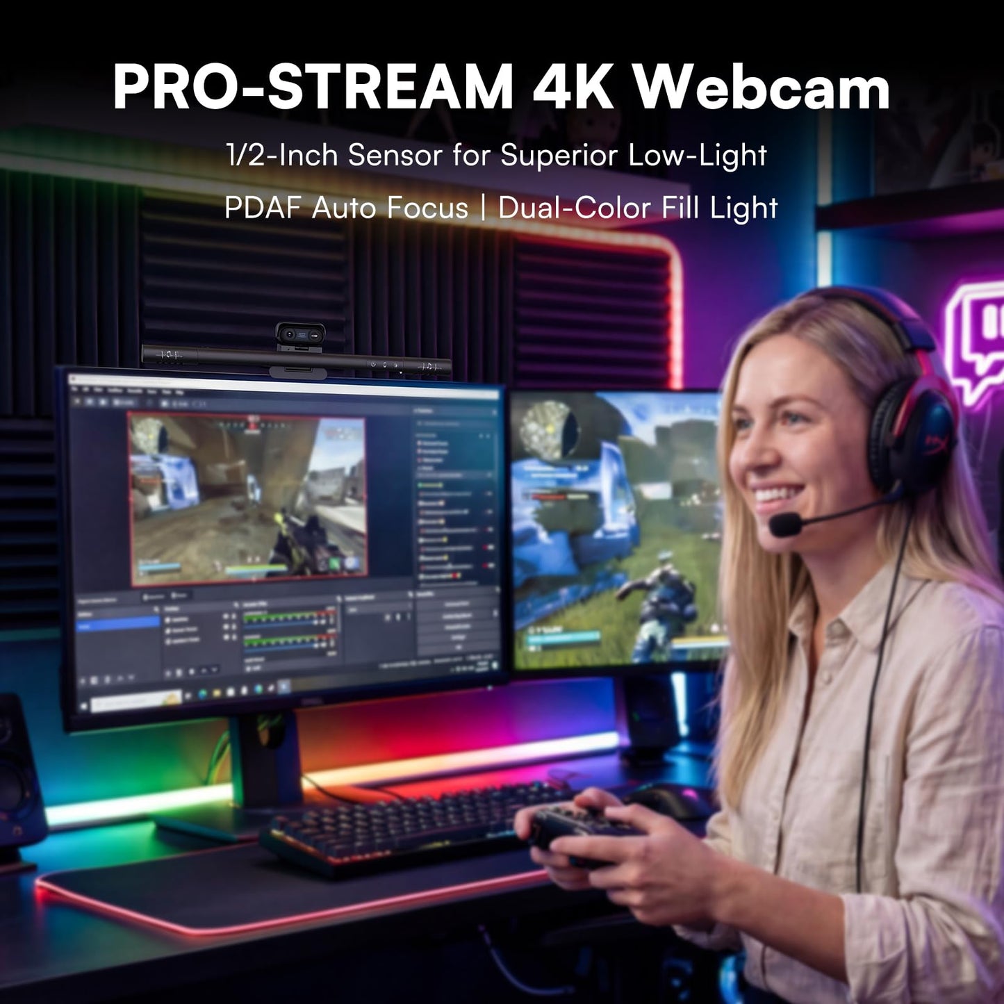 VoltHarbor 4K Webcam with Ring Light & Microphone, 4K Ultra HD Streaming Camera, Built-in Dual Noise-Canceling Mics, Auto Light Correction, for Zoom/Skype/Teams/YouTube/Twitch, Plug & Play, for PC