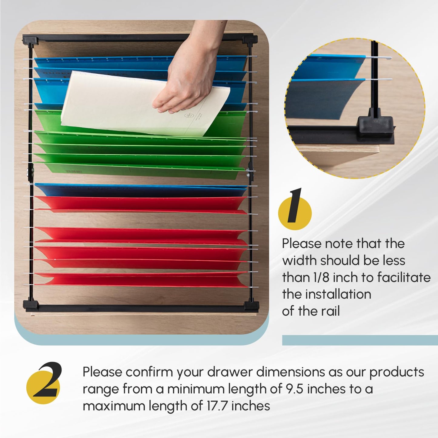 Humyoun 12 Pcs Metal Adjustable File Cabinet Rails Set Include 8 Hanging File Rail Clips 4 Cabinet Dividers Bars Suitable for Cabinets with Drawer Thickness Less Than 1/8 Inch(Black,10-18 Inch)