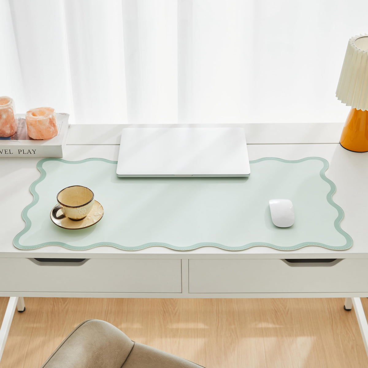 Ralxion Sage Green Scalloped Desk Mat, 31.5" x 15.7", PU Leather, Waterproof Anti-Slip, Cute Aesthetic Desk Pad for Office/Home/Game/Vanity Large