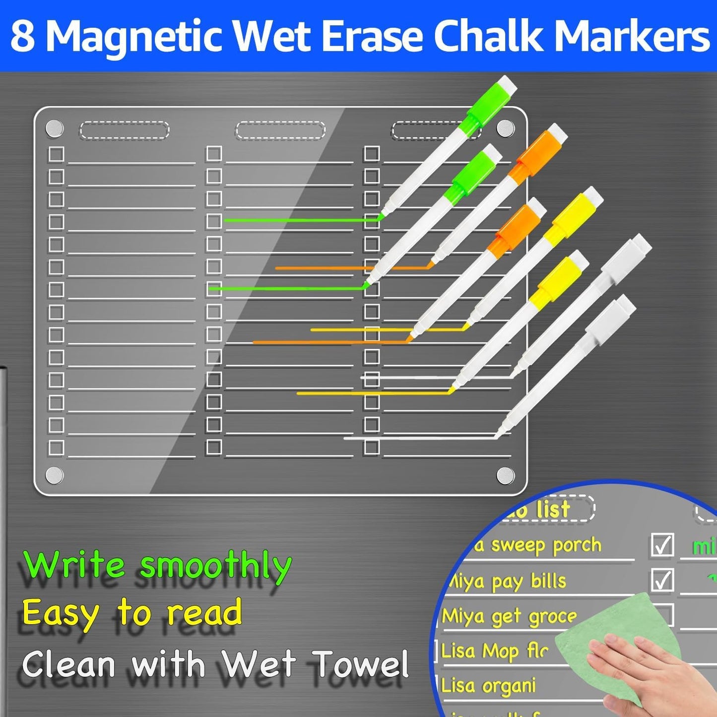 PigPotParty Acrylic Magnetic to Do List Whiteboard for Refrigerator, 12"x9.5" Clear Dry Erase Checklist White Board, Fridge Grocery List Magnet Pad, Magnetic Chore Chart w/ 8 Markers and 1 Towel