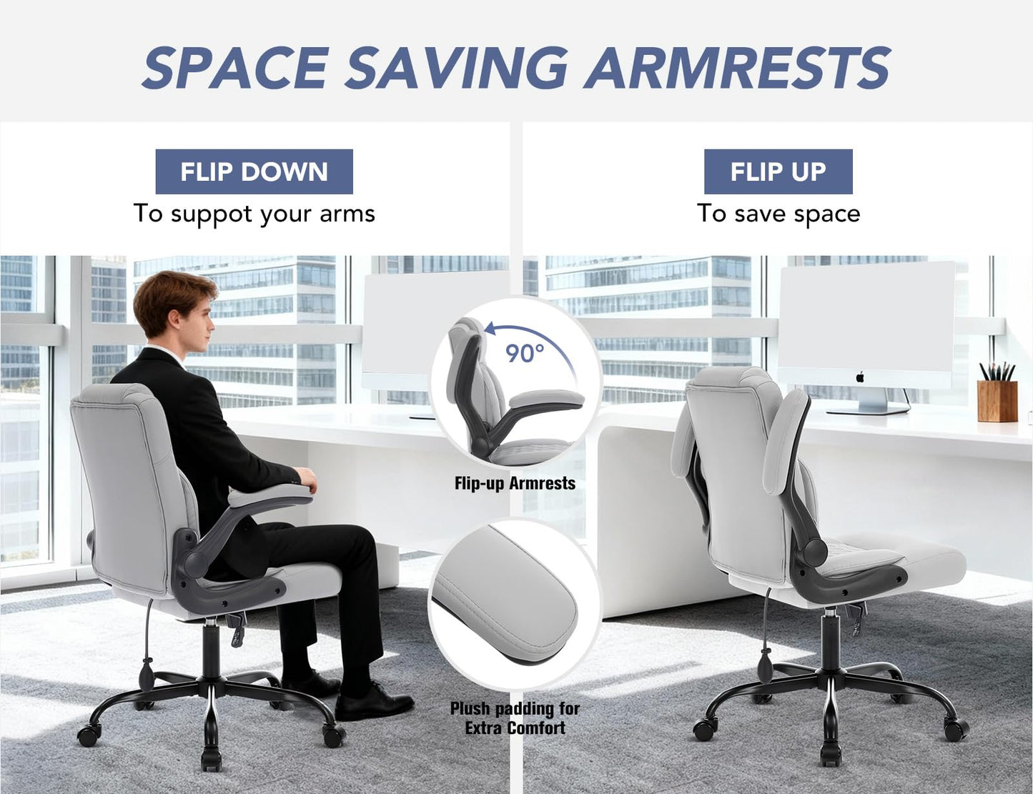 Office Chair with Adjustable Inflatable Lumbar Support,Leather Ergonomic Computer Desk Chair with Flip-up Arms,Adjustable Tilt Lock,Swivel Rolling Executive PC Chair for Work,Study,Meeting.Grey