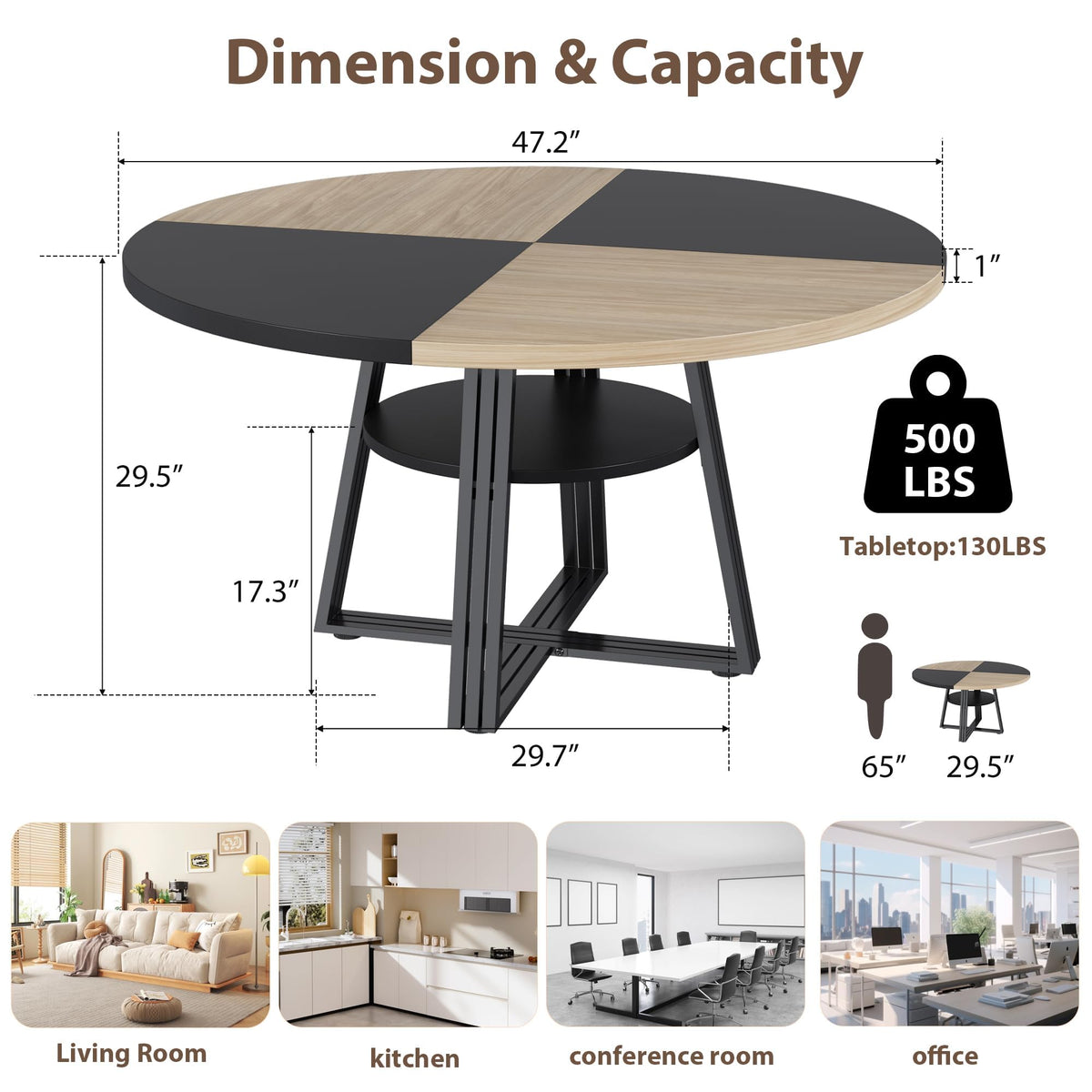 47.2" Farmhouse Round Dining Table for 4-6, Modern Kitchen Table with Storage Shelf, Space-Saving Circle for Apartment & Living Room, Natural