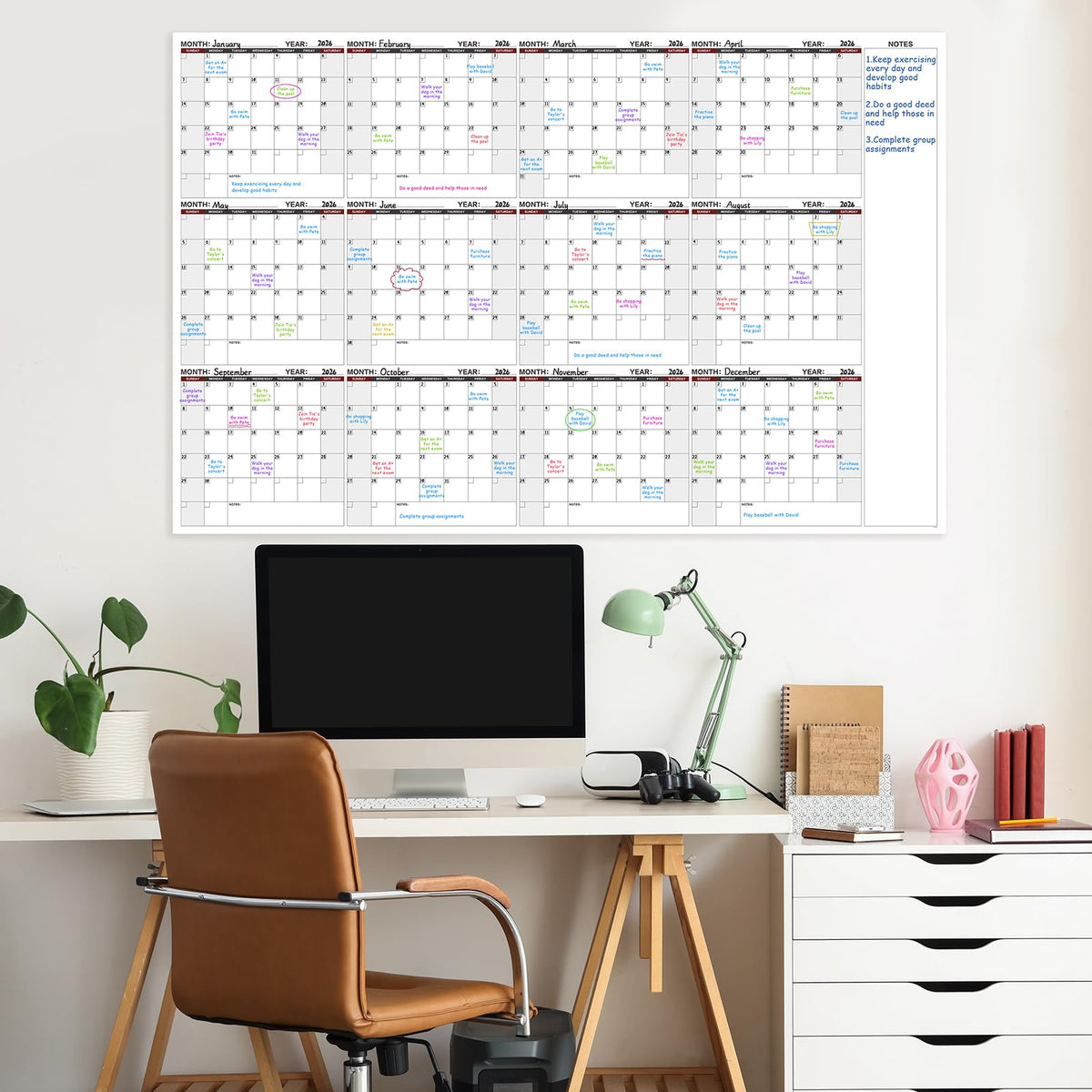 Large Dry Erase Calendar for Wall – Yearly Wall Calendar Dry Erase, 37" x 57.9", 12-Month Undated Erasable & Reusable Laminated Wall Calendar, 15 Round Stickers, Perfect for Home, Office and School - Black With Red