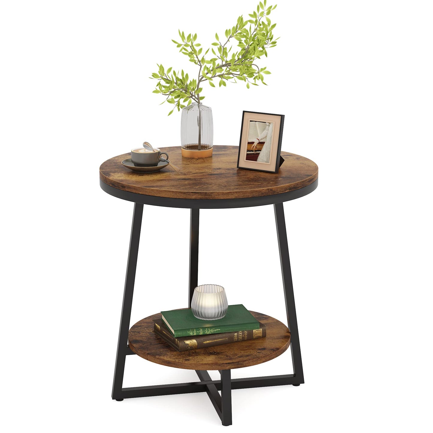 Tribesigns End Table, 2 Tier Round Side Table with Storage Shelf, Industrial Nightstand Bedside Table Coffee Accent Table for Living Room Bedroom Small Space, Rustic Brown