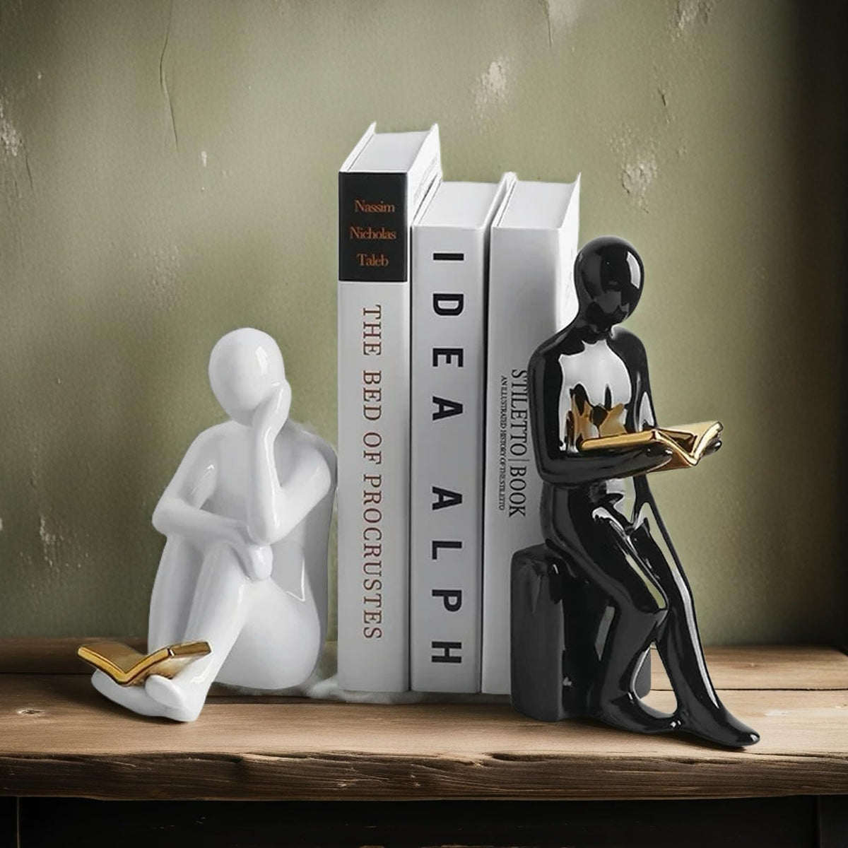 Home Decorative Reading Book Statue Bookends Elegant Resin Bookshelf Room Office Desk Decor,Paper Weights, Book Ends,Bookend Supports, Book Stoppers, Set of 2 (Black and White)