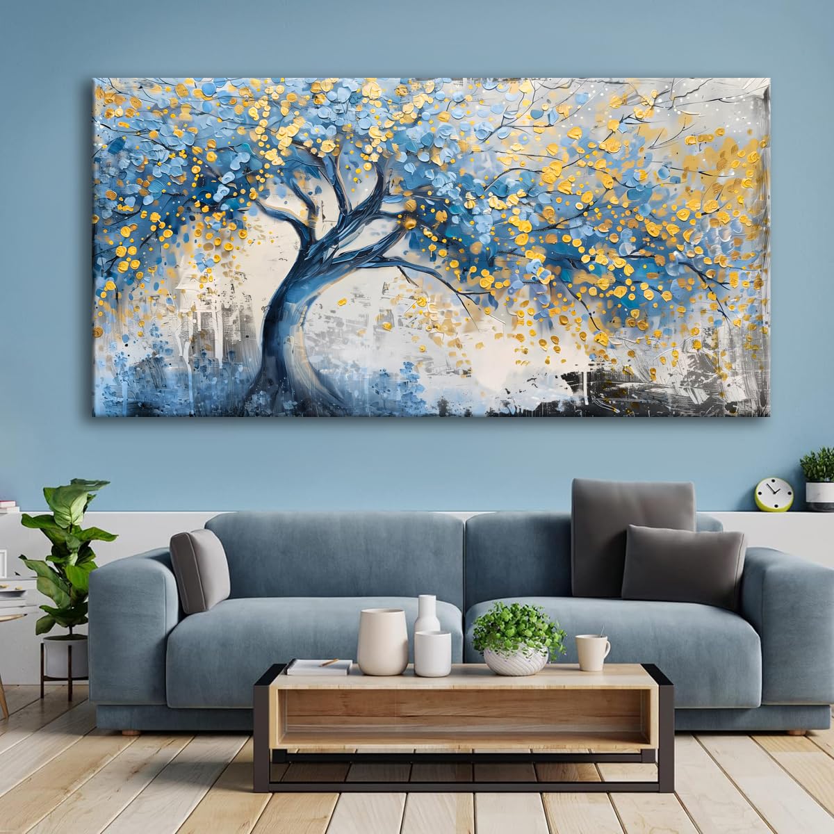 Wall Art Tree of blue Life Abstract Canvas Painting Textured Picture, Modern Landscape Artwork Framed for Living Room Bedroom Bathroom Office Home Decor 40x20in
