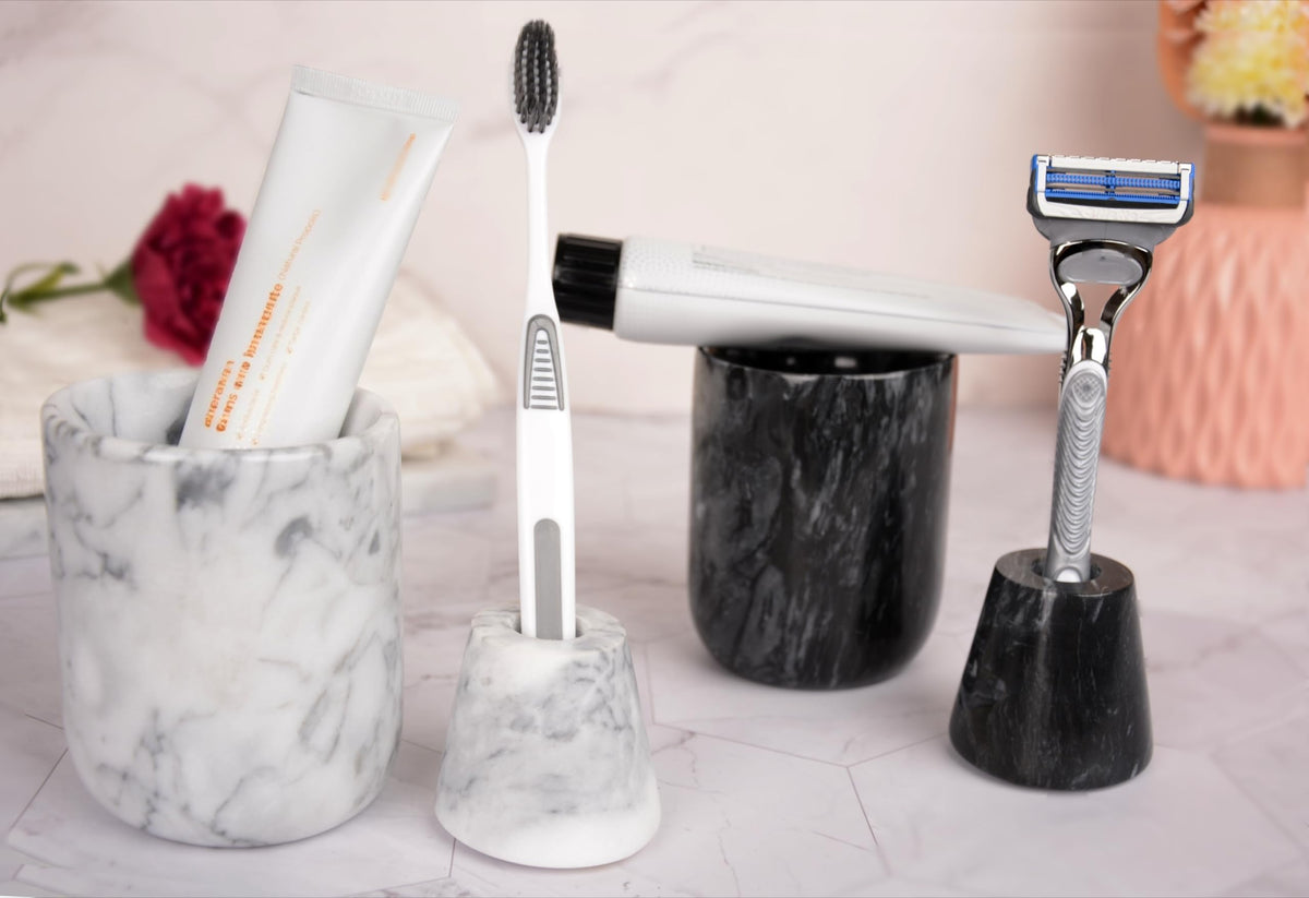 Natural Marble Toothbrush Holder and Toothbrush Cup Set,Handmade Toothbrush Holder for Bathroom Countertop Toothbrush and Toothpaste Holder Set,Better Choice for Housewarming Gift(Black Grey)