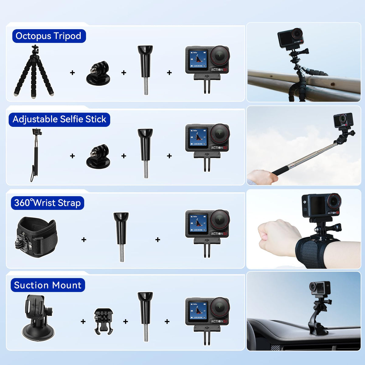 DJI Osmo Action 5 Pro Standard Combo,with 58 Piece Accessory Kit+ 64GB Card - Waterproof Action Camera with 1/1.3" Sensor, 4K/120fps Video, Action Camera 4K Ideal for Sports (Total 1 Battery)
