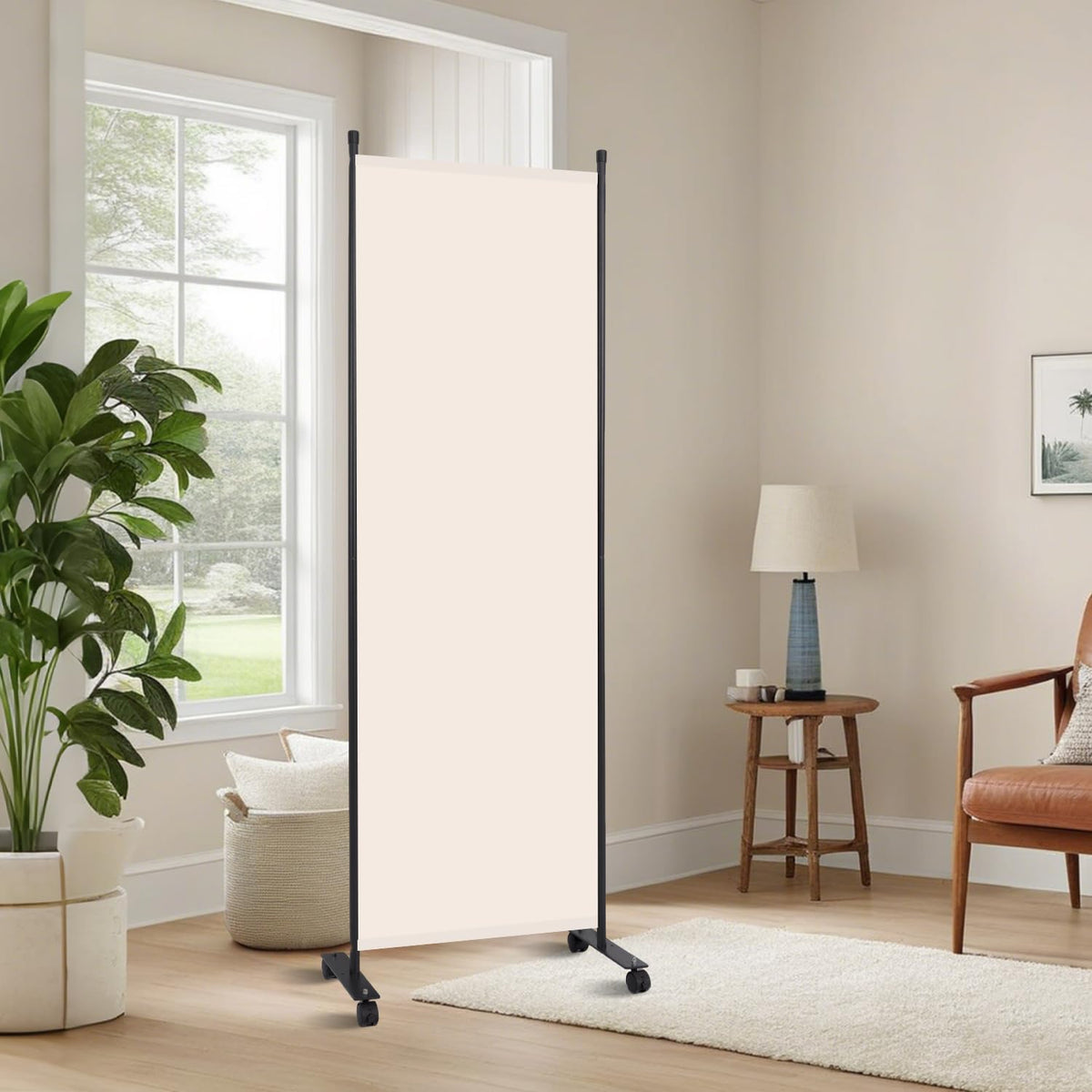 Room Divider 6FT Room Partition with Lockable Wheels, (Thicked Metal Base) Room Dividers, Freestanding Indoor Folding Privacy Screens, Portable Fabric Wall Divider for (Beige, 21.5"- 1 Panel)