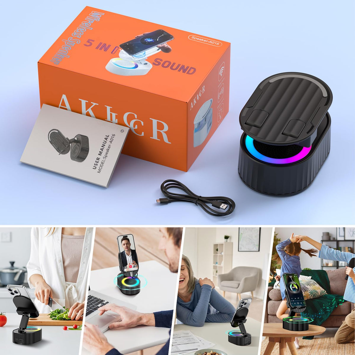 AKLLCCR Wireless Induction Audio Bluetooth Speaker 5in1 Phone Holder Emergency Rechargeable (3000mAh) with Colorful Ambient Light 300° Foldable for Tablet iPhone Android, Gifts for Men Women (Black)