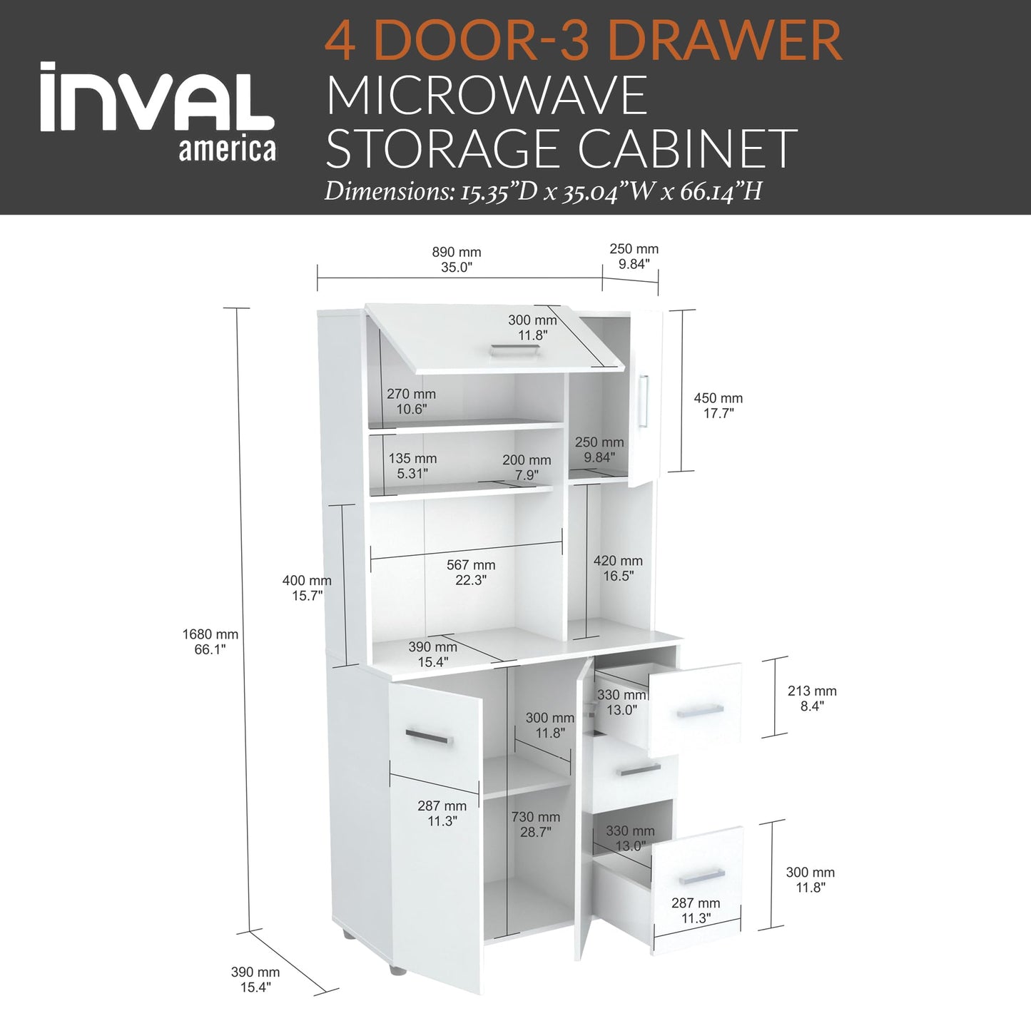 Inval America 4-Door Kitchen Microwave Storage Cabinet with 3 Drawers, Kitchenette Standing Pantry, 71"H x 23.6"W x 17.1"D, White