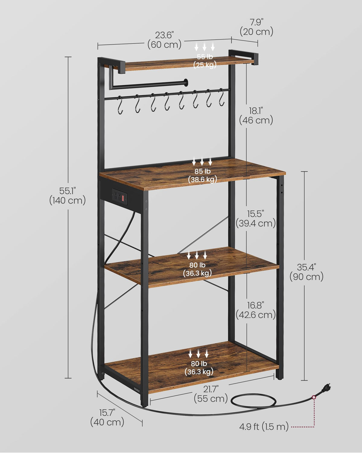 VASAGLE Kitchen Bakers Rack with Power Outlet, Coffee Bar 4-Tier with 8 S Hooks, Microwave Stand, Adjustable Shelf, for Small Spaces, Rustic Brown and Ink Black UKKS014K01V1