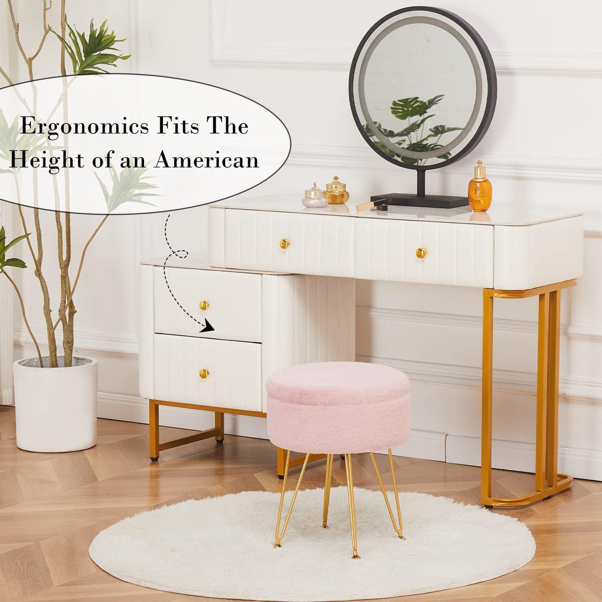 Cplxroc Ottomans Round Faux Fur Ottoman with Storage Footstools Vanity Chair Coffee Table Ottoman for Living Room (Pink)