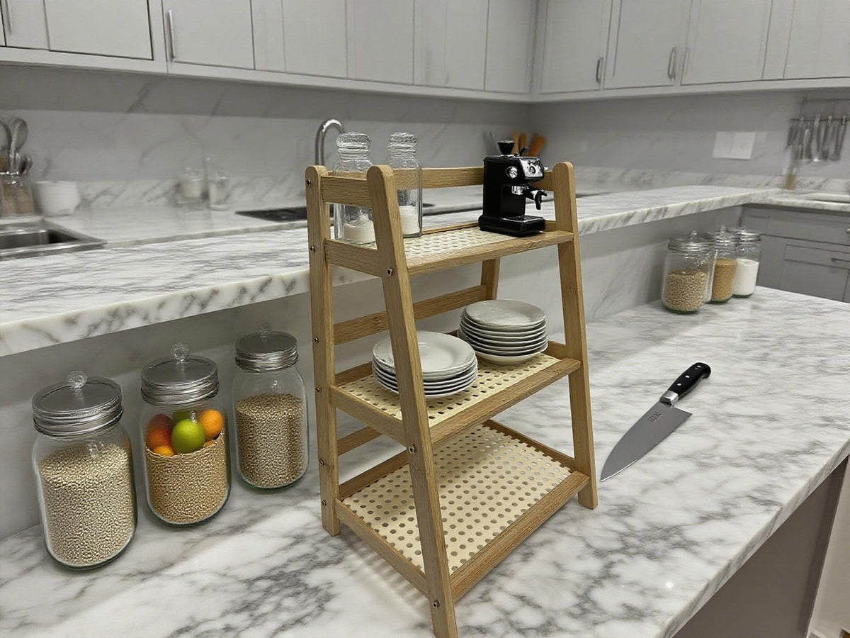 Heoclao Three Tier Wooden Storage Shelf, Bamboo Ladder Shelf, Desk Tabletop Rack, Seasoning Storage Rack for Home, Office, Kitchen