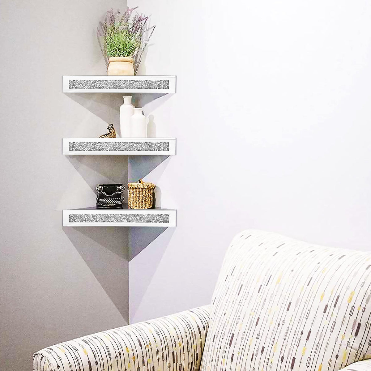 Royxen Corner Floating Shelves 2 Sets, Corner Shelf Wall Mounted Crushed Diamond, Corner Shelves Crystal Mirrored, Floating Corner Shelves for Wall