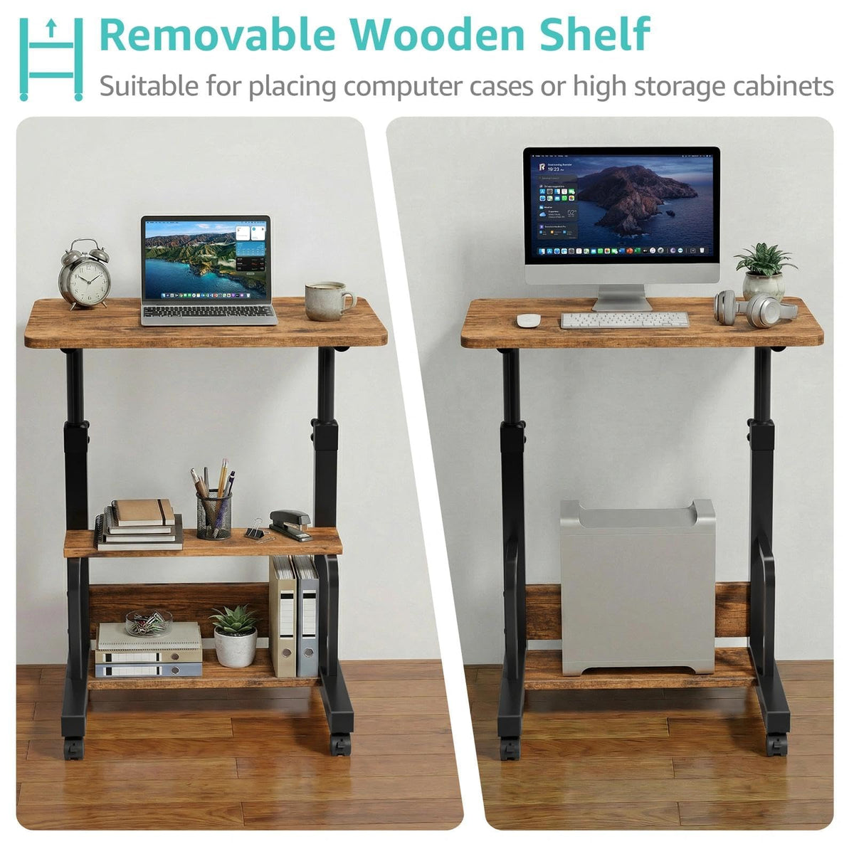 WINAZ C Shaped Rolling Laptop Desk - 24" Rustic Brown Mobile Kids Desk with Wheels for Small Spaces, Height Adjustable Overbed Table with 2-Tier Storage Shelves