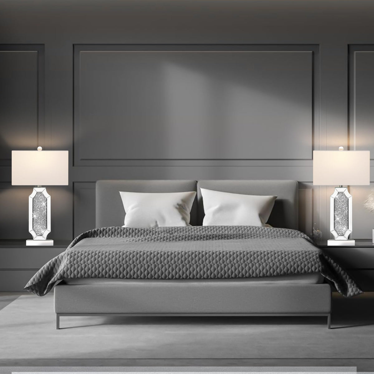 Hamucd 3-Way Dimmable Touch Diamond Crushed Mirrored Bedside Table Lamps Set of 2 for Living Room with USB A+C Ports,Tall Silver Modern Bling Nightstands Lamps for Bedroom with 2 Bulbs (Silver)