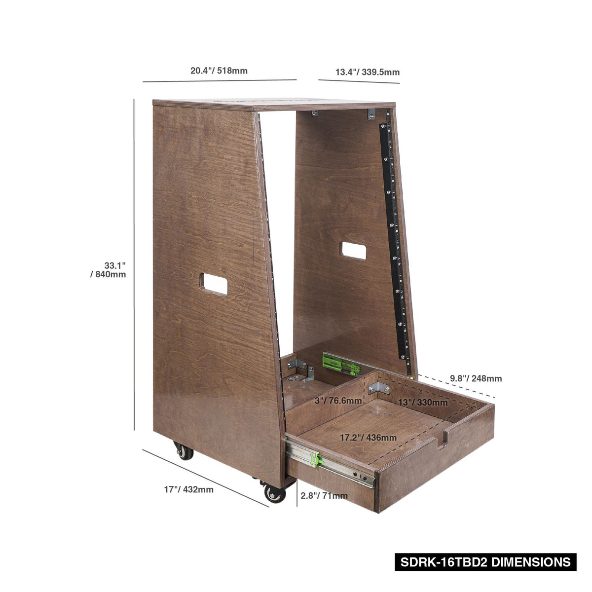 Sound Town 16U DIY Solid Baltic Birch Plywood Slanted Studio Rack with 16U Rack Space, Extra 2U Drawer, Rubber Feet, Casters, Weathered Brown (SDRK-16TBD2)