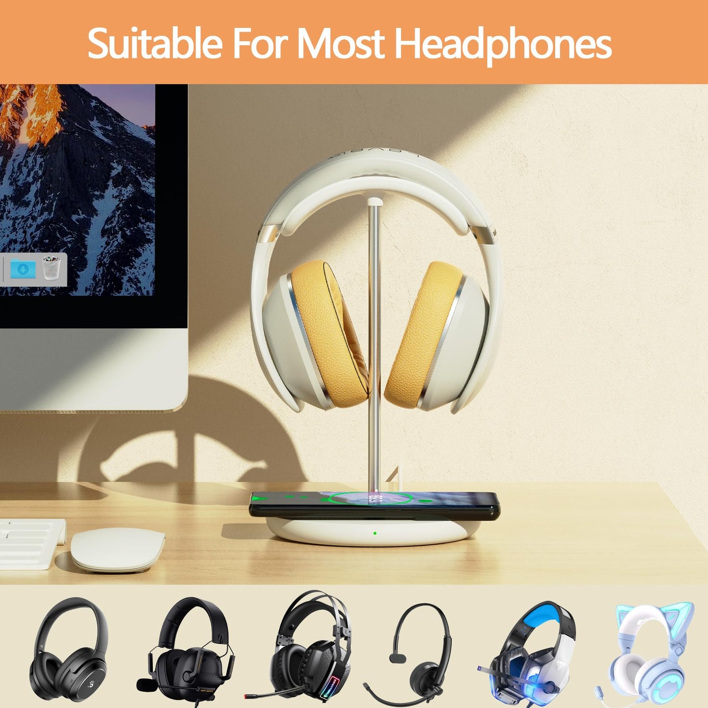 Headphone Stand with Wireless Charger, Gaming Headset Holder Hanger Rack 2 in 1 Wireless Charging Station Dock for iPhone 15/14/13/12/11 Series, AirPods Pro/3/2 and Desk All Headphones, White