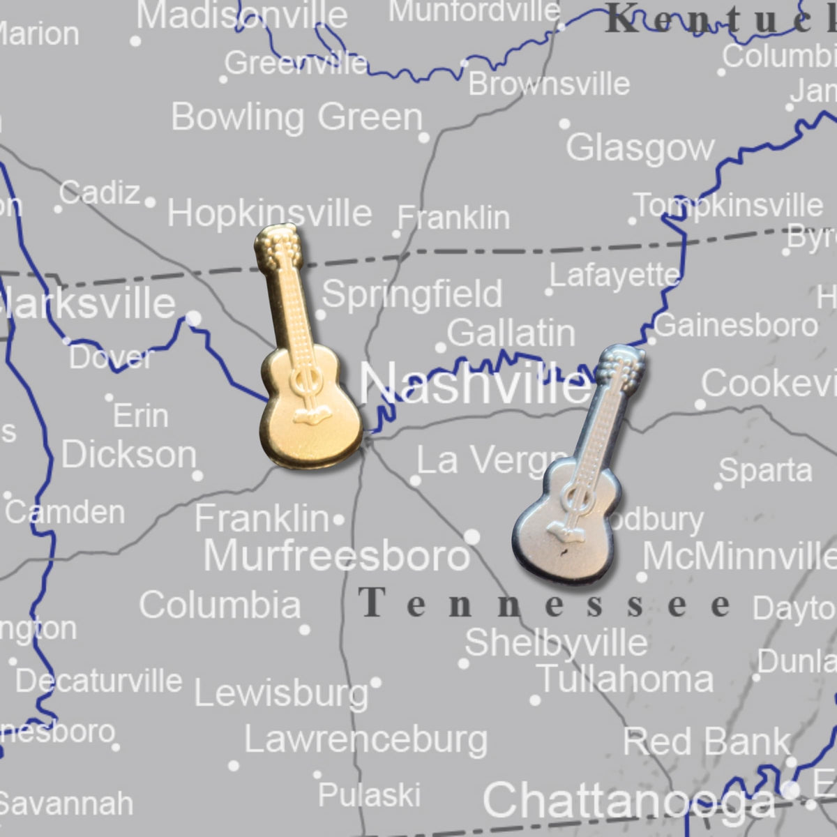 Guitar Push Pins - Gold Guitar Map Pins for Cork Boards, Maps, or Lapel Use - Designed in USA - Set of 10