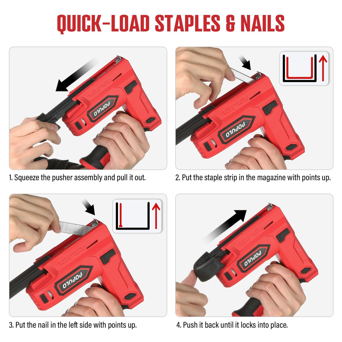 POPULO Electric Staple Gun, 2 in 1 Electric Stapler Tacker 4V Cordless Brad Nailer Kit, Battery Powered Nail Gun for Upholstery, Carpentry, DIY with Staple Remover, 1600 Staples and Nails, Red
