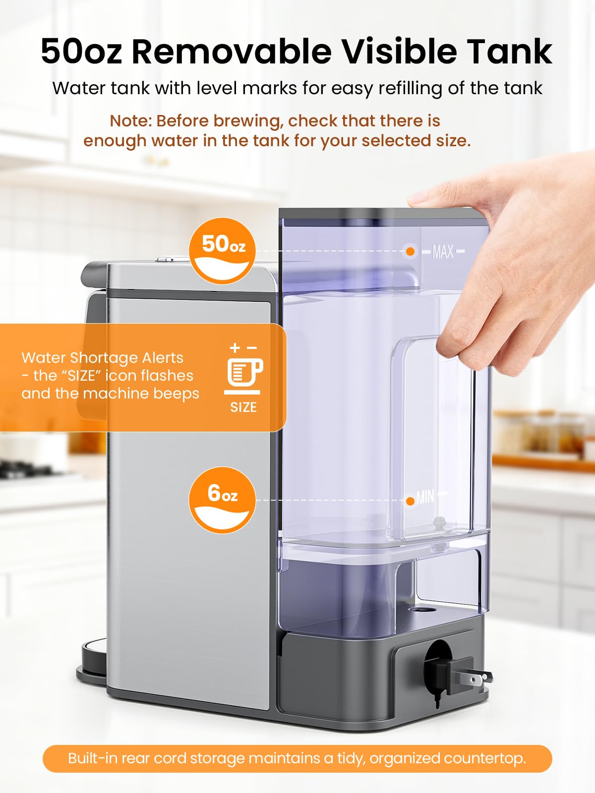 Karosie K Cup Coffee Maker, Hot & Iced Coffee Maker for K Cup and Grounds, 6-14 Oz Brew Sizes, 50oz Removable Tank, Single Cup Coffee Maker with Descaling Reminder, Stainless Steel, Black