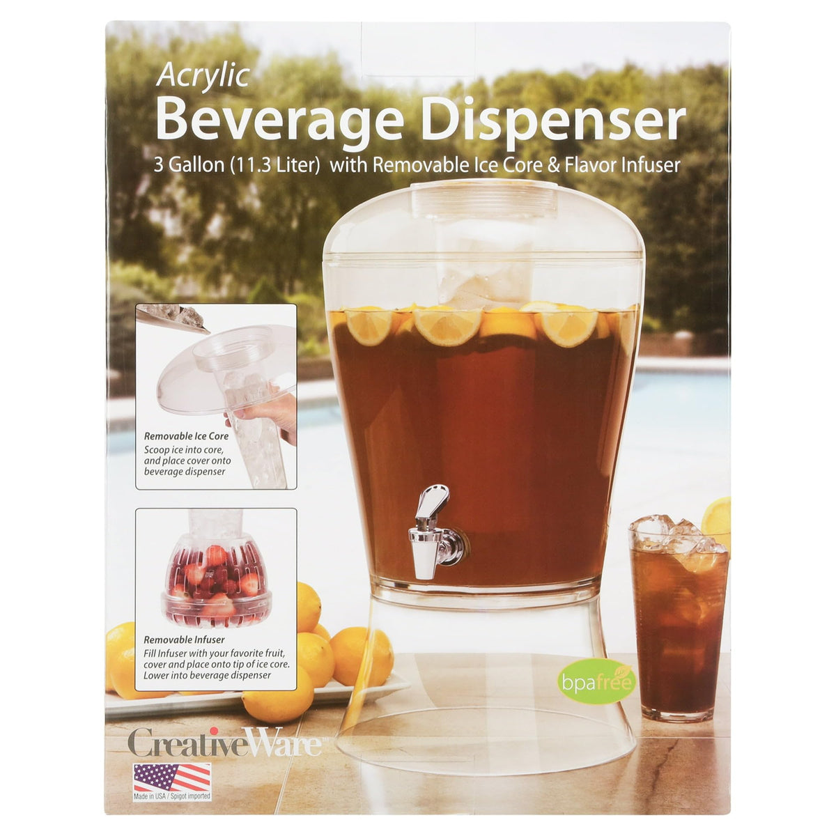 CreativeWare 3 Gallon Beverage Dispenser With Ice Cylinder And Fruit Infuser