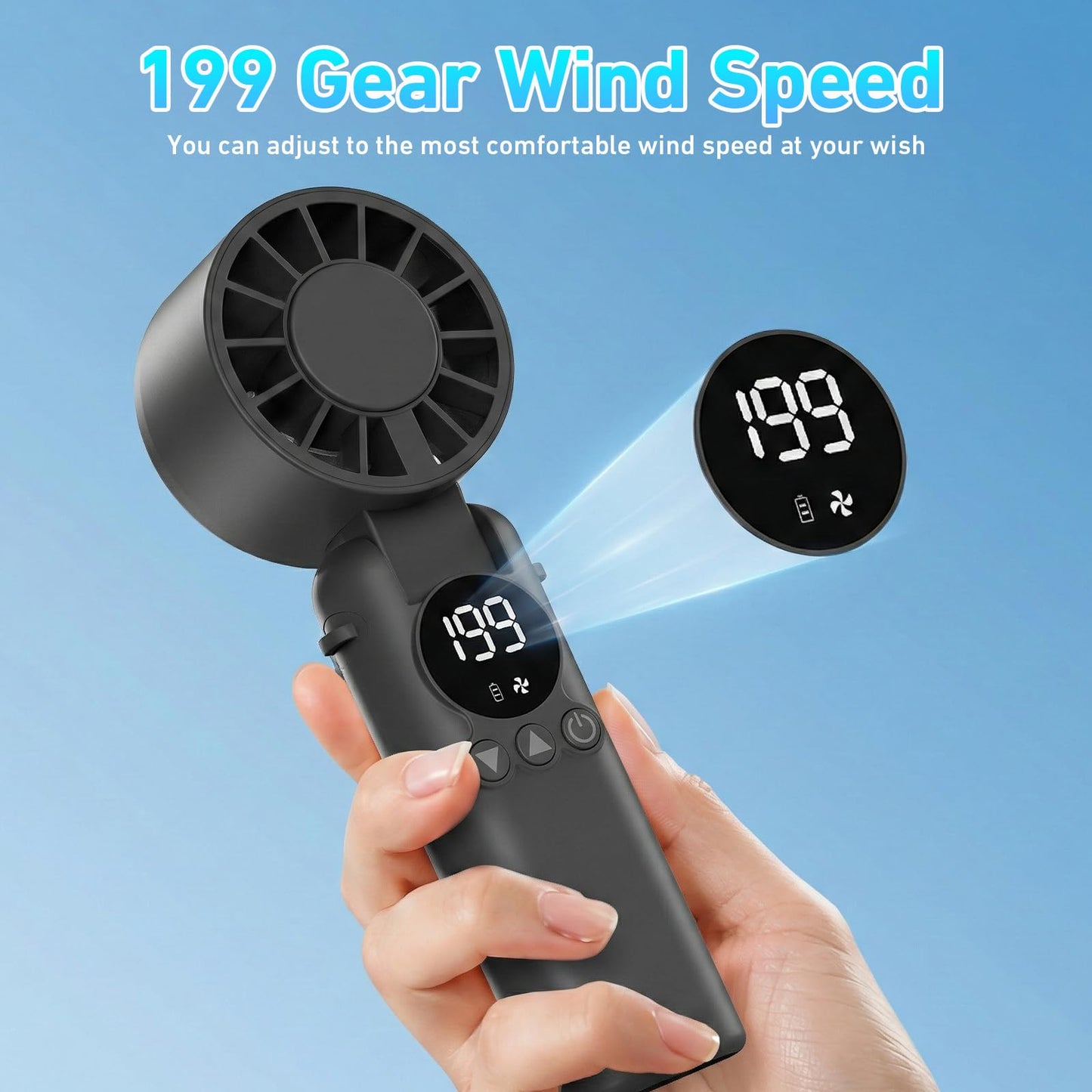 AILBTON Portable Handheld Fan, 5000mAh Rechargeable Mini Personal USB Fan with LED Display & Foldable Design, 199-Speed Powerful Battery Operated Travel Fan for Women, Outdoor, Office Black