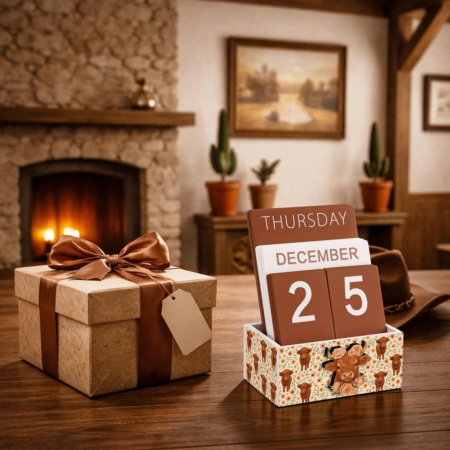 AceOrbit Highland Cow Wood Block Perpetual Calendar Coquettish Desk Decor Cute Month Week Date Display Decorative Block Calendar for Women Office Home Desk Gift for Women