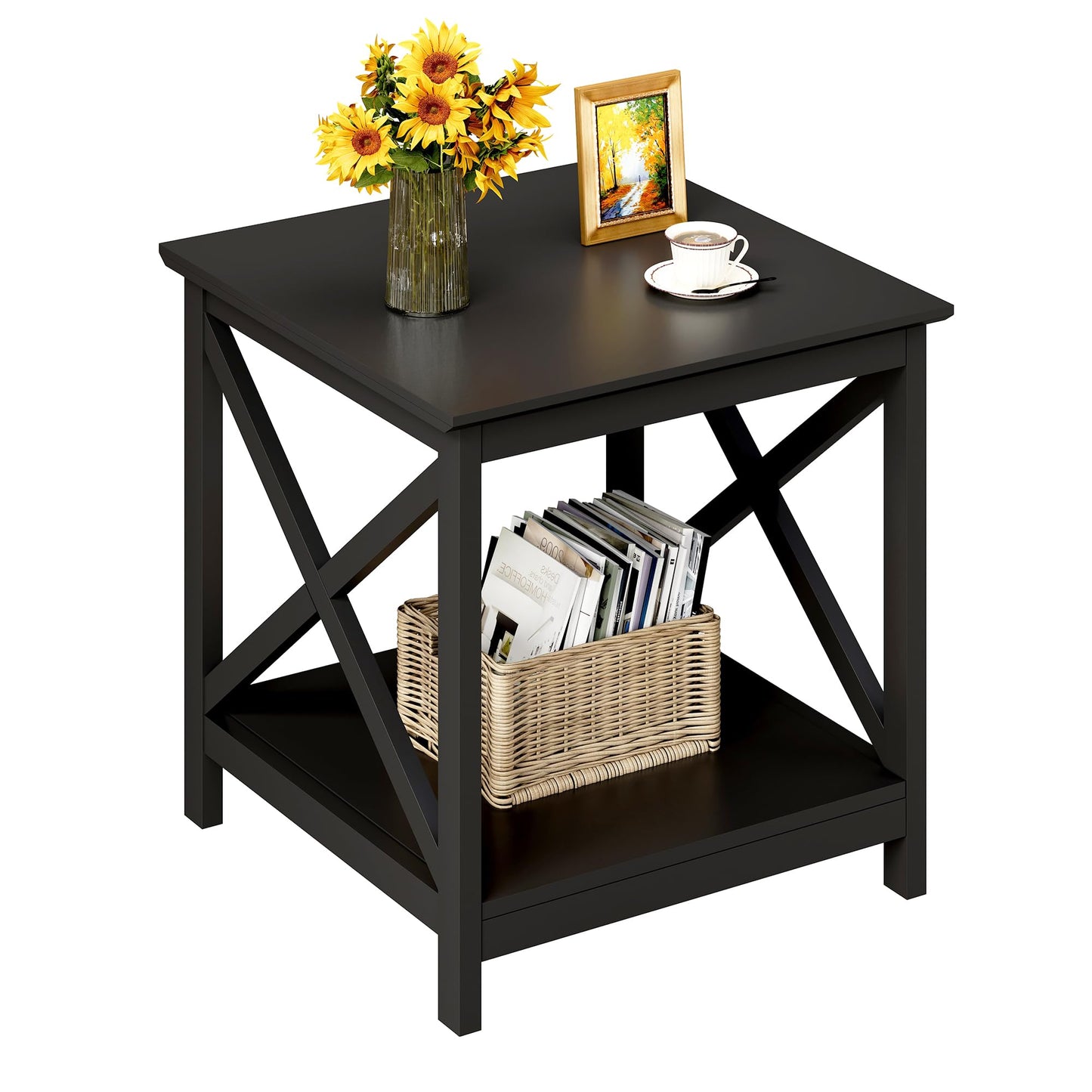 ChooChoo End Table, 24 Inch End Table with 2-Tier Storage Shelf, Side Table for Living Room, Wood Nightstand for Bedroom, Office, Painted Surface, Black