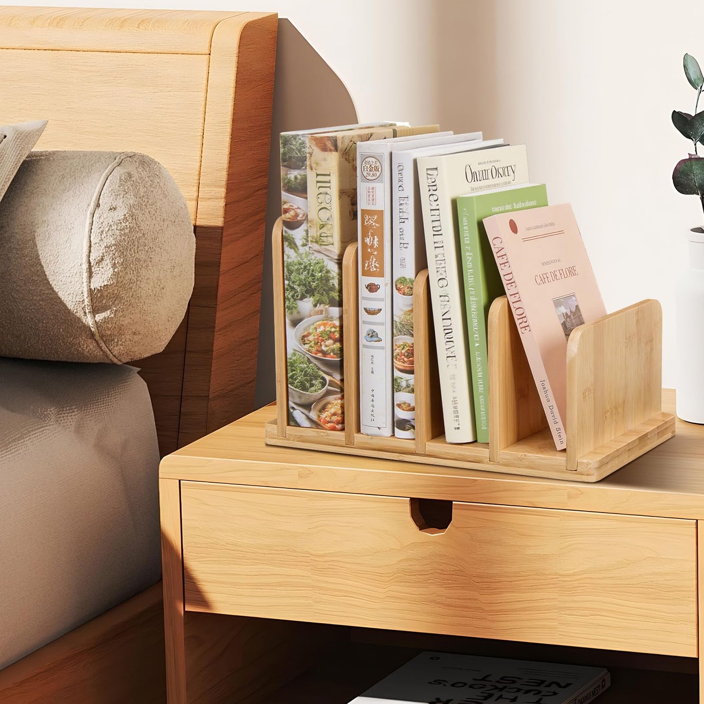 Cook Book Organizer,Bamboo Cookbook Stand for Kitchen Counter with 4-Slot,Sturdy Recipe Book Holder Stand for Convenient Cookbook Storage