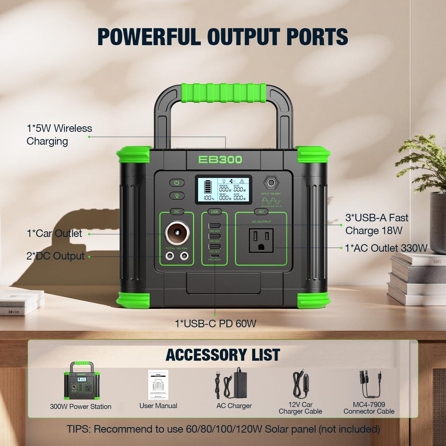 GRECELL Portable Power Station 300W, 288Wh Lithium Battery, 60W Fast Charging, Up to 300W(Peak 600W) AC Outlets, Solar Generator for Outdoor Camping RVs Home Use
