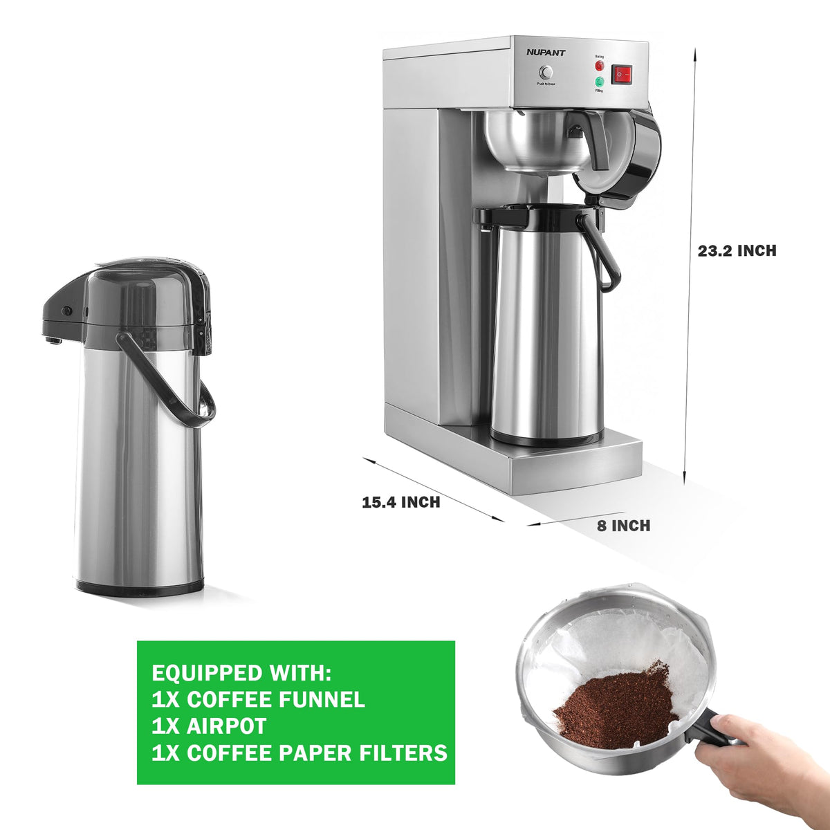 NUPANT Auto-Filling Commercial Airpot Coffee Brewer 2.2L/74oz Dirp Coffee Maker Machine with 24 Hours Hot Thermal Carafe Stainless Steel Pour Over Coffee Dispenser 120V/1450W for Restaurant Office