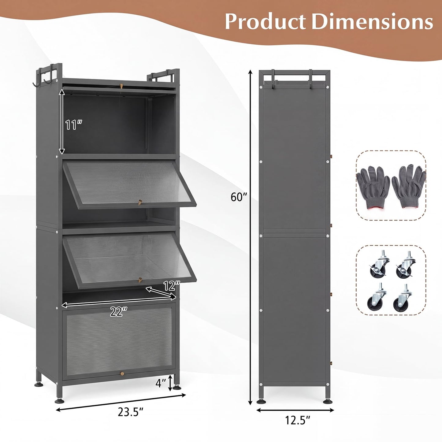 Giantex 5-Tier Kitchen Storage Cabinet, Mobile Microwave Stand with Flip-up PC Doors, Freestanding Kitchen Bakers Rack with 4 Rolling Casters, for Dining Room, Living Room and Study, Grey