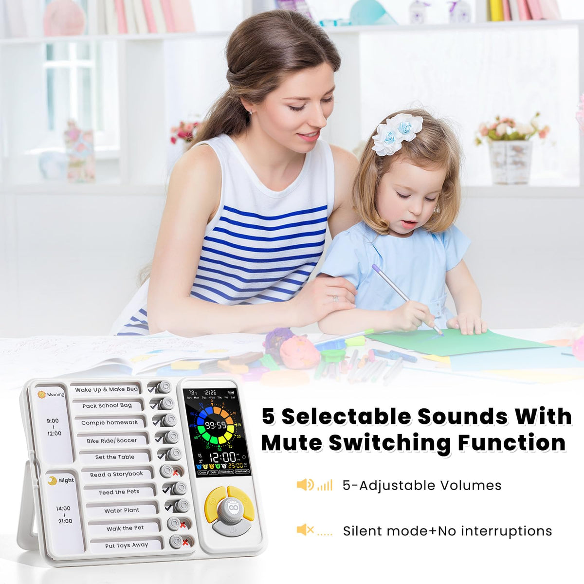 3-in-1 Visual Timer & ADHD Tool for Kids and Adults, 12/24H Silent Task Timer with Chore Chart, Daily Checklist with Pomodoro Timer, Alarm Clock - White