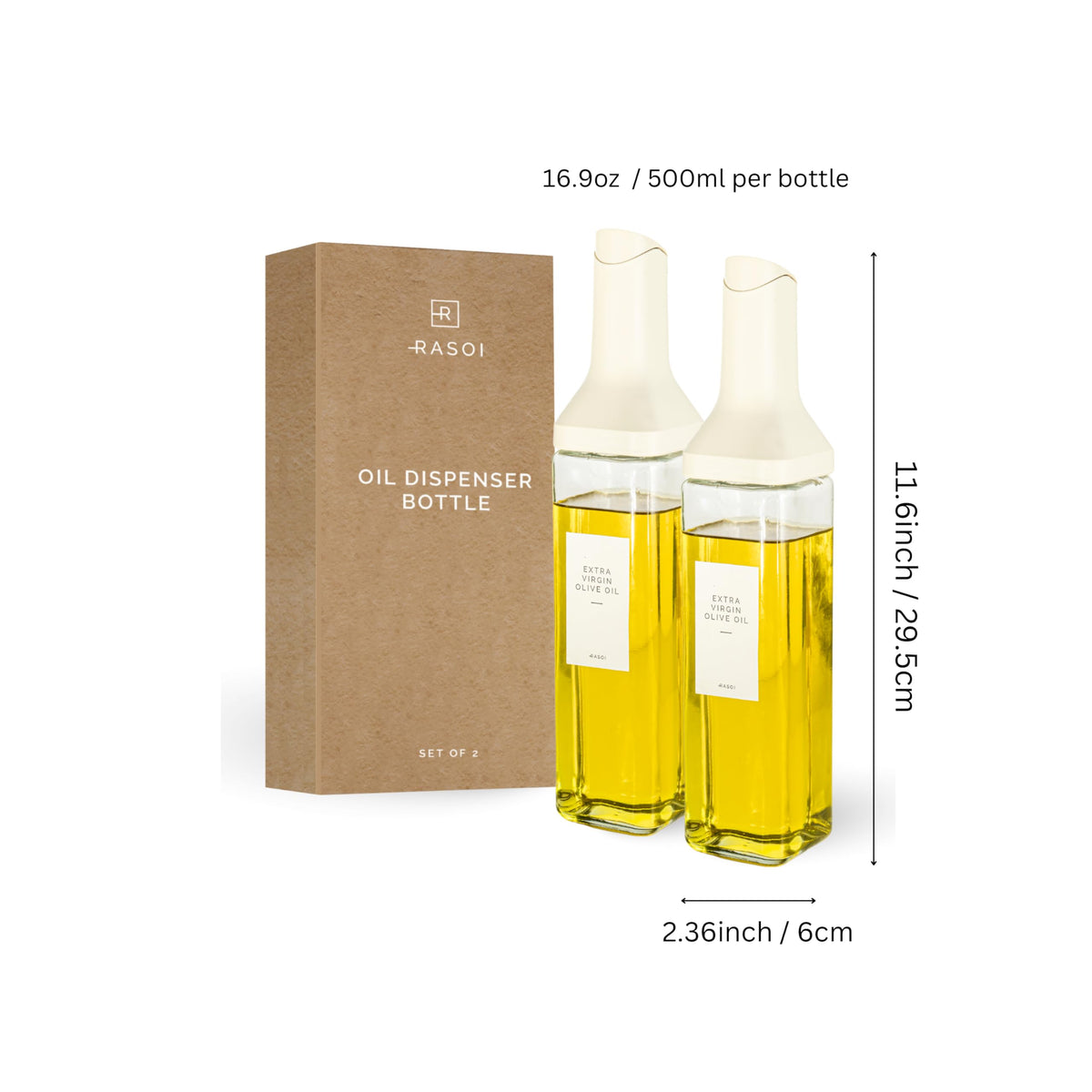RASOI Oil Dispenser Bottle – Set of 2 17oz/500ml Oil and Vinegar Dispenser - Drip-Free Spout Glass Oil Dispenser – Kitchen Oil Dispenser with Automatic Pouring Lid - Olive Oil Bottle for Cooking
