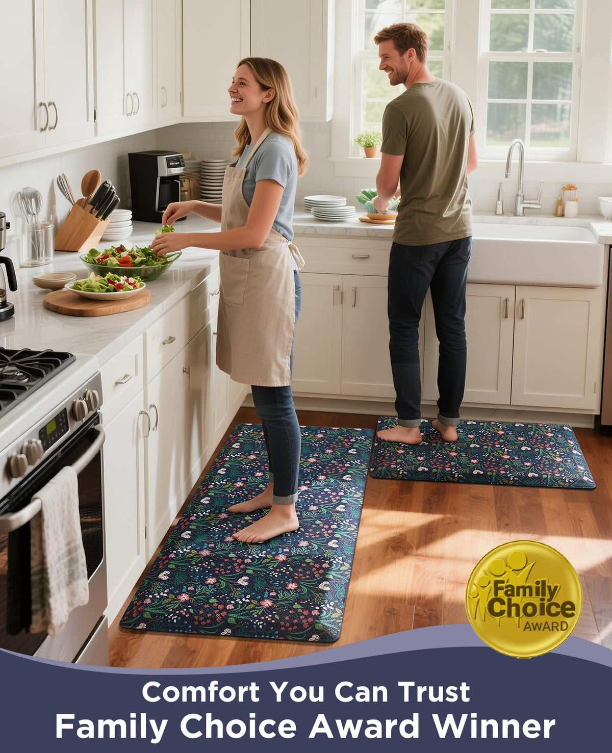 Ophanie Kitchen Mats for Floor, 3/4 inch Thick, 17x28 Anti Fatigue Cushioned Mat, Kitchen Rugs, Waterproof, Comfort Ergonomic Standing Mat for Office, Home, Sink, Blue Flower Non-Slip Ridged Bottom