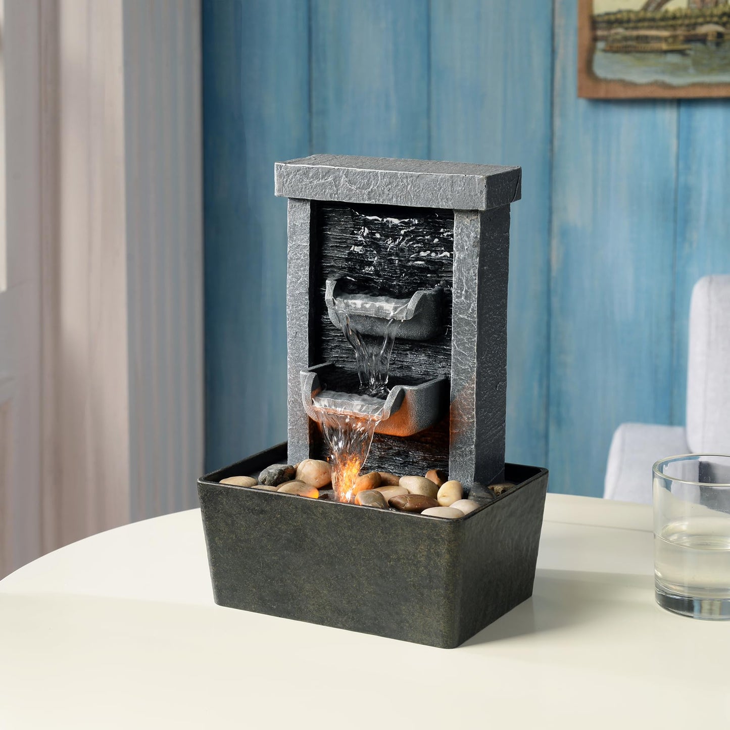 GOSSI Home Décor 10.3 in Indoor Waterfall Fountain Relaxation High Pressure Water Pumps Tabletop Fountain Nature Feeling Water Fountains with Reflective Lighting/River Rocks Home/Office Decoration