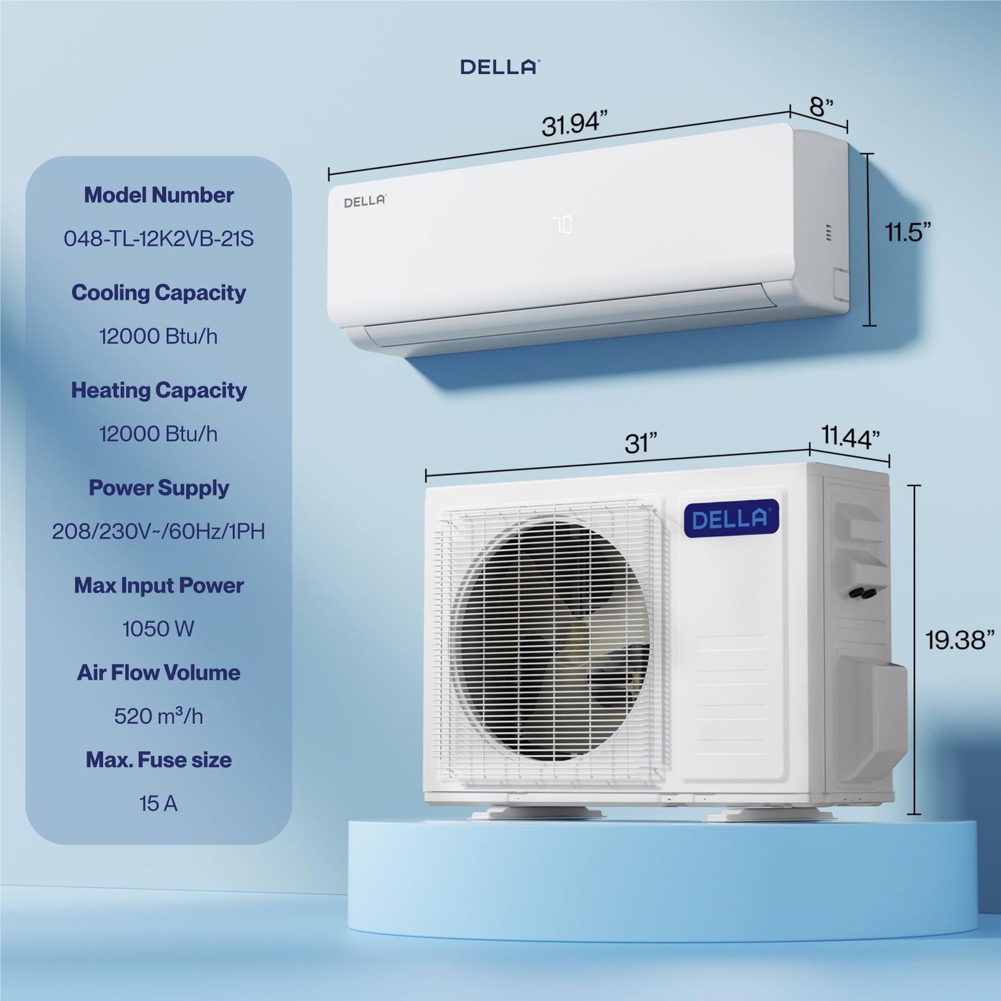 DELLA Vario Series 12000 BTU Mini Split Air Conditioner Work with Alexa with 1 Ton Pre-Charged Heat Pump Ductless Inverter System, 23 SEER2, Cools Up to 550 Sq. Ft,16.4ft Installation Kit Included