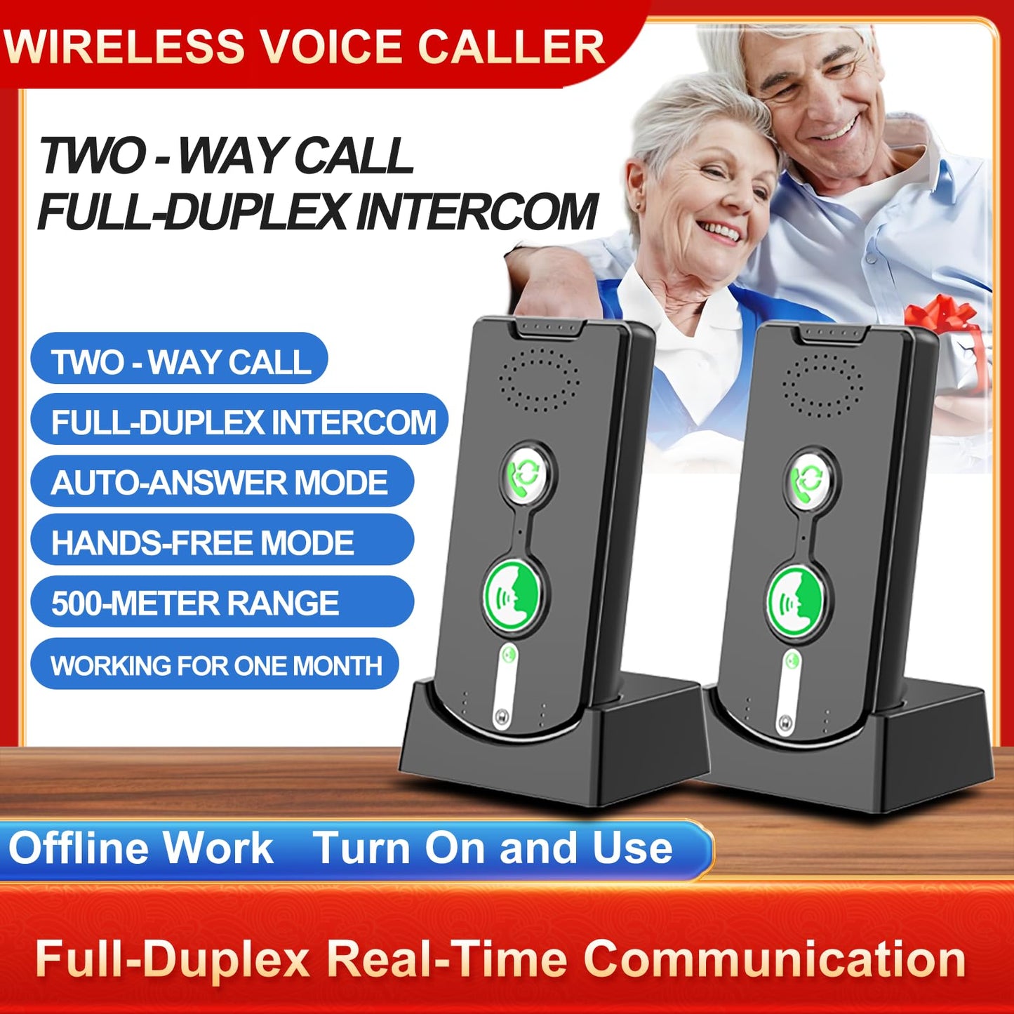 2025 Upgraded Wireless Intercom System - Full Duplex Two Way Radio, 500M Range Emergency Call, Home Office Hospital (2-Pack Indoor Intercoms, Black)