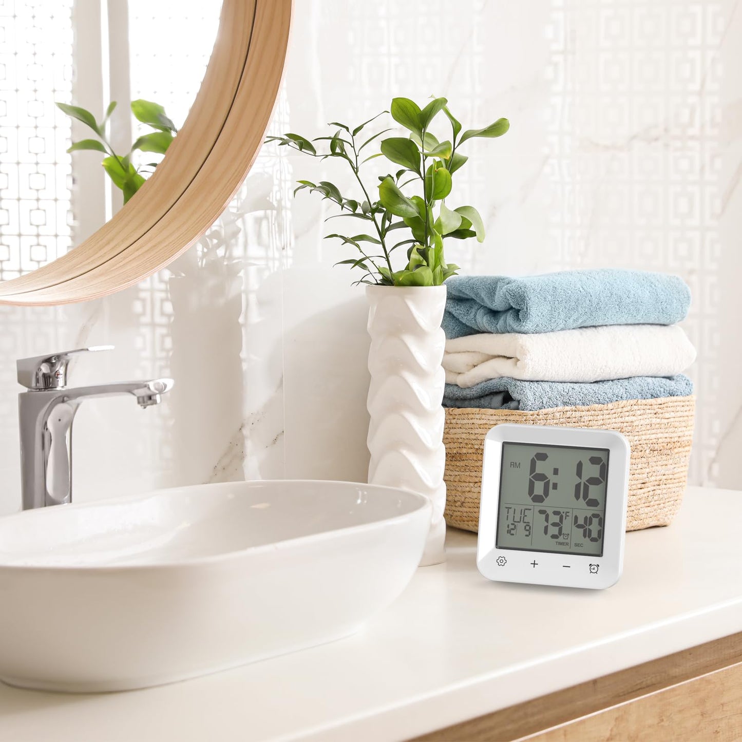 Wisoee Digital Shower Clock Waterproof, Bathroom Wall Clock Timer with Touch Screen, Temperature, LCD Display, Suction Cup Hanging Hole Stand for Kids and Adults
