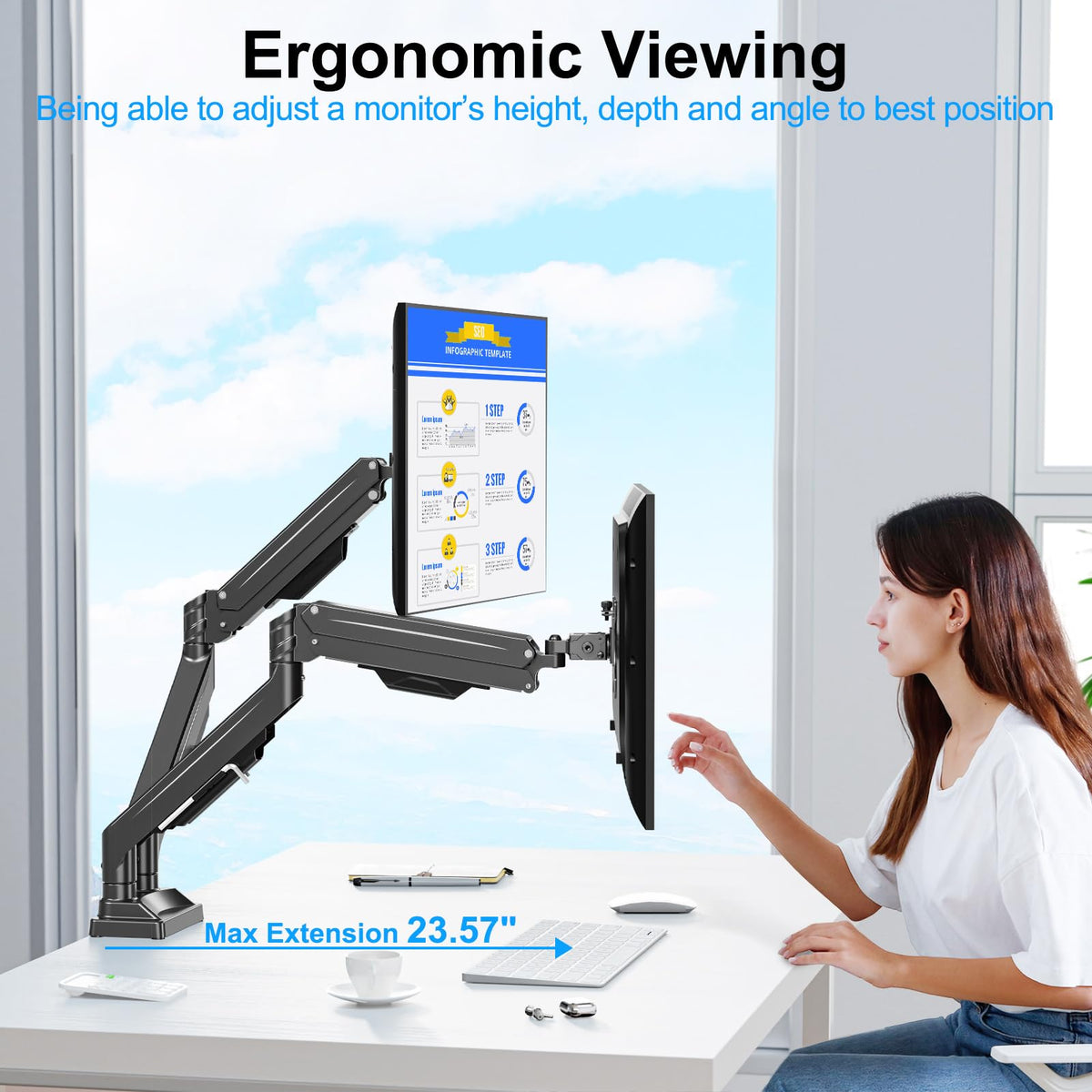 ErgoFocus Dual Monitor Mount for Screens up to 43", Heavy Duty Ultrawide Dual Monitor Arm Holds 2.2-33lbs Each, Premium Gas Spring Adjustable Computer Monitor Stand for 2 Monitors, VESA Desk Mount