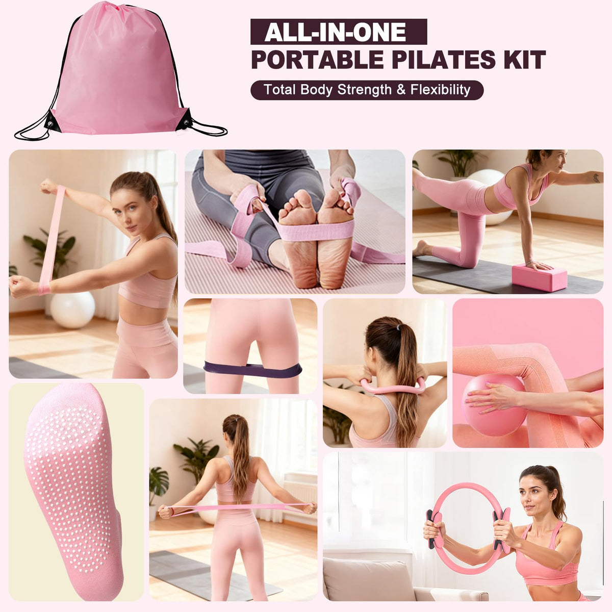 TSPFUI Pilates Ring Kit for Women,Pilates Equipment with Pilates Ring and Ball, 5 Resistance Bands,Yoga Block,Workout Guide Included,Full-Body Pilates Workout Equipment Suitable for Beginners