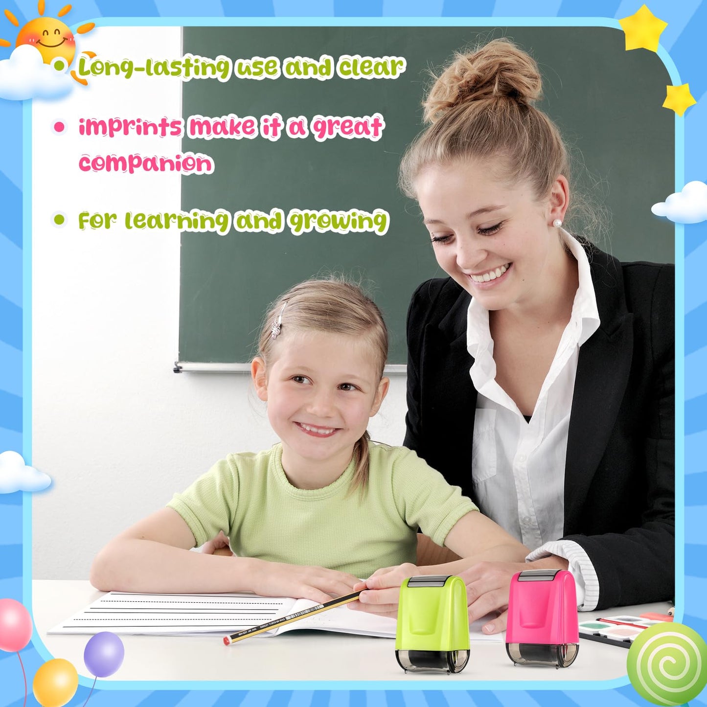 Affrolling 2 Pcs Roller Stamps for Teachers Dashed Handwriting Lines Practice with 2 Black Ink Self Inking Line Rolling Stamps Supplies for Sentence Handwriting Practice, Green and Pink