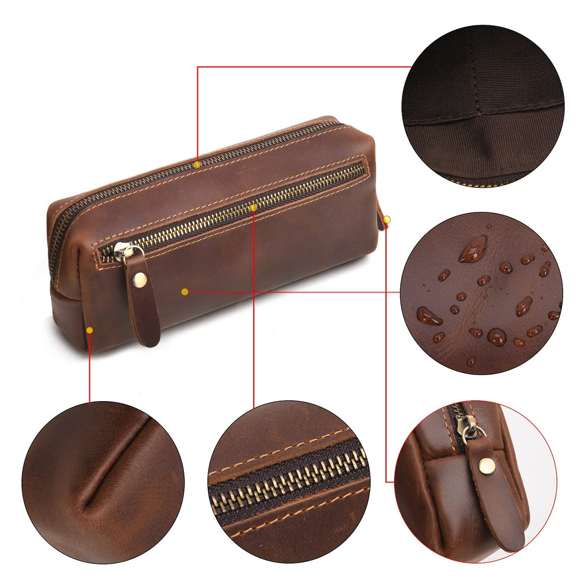 WONDERPOOL Pen Case Real Leather Pencil Pouch Markers Holder Big Capacity Bag with Side Zippered Pocket Sleeve for Stationery Makeup Utensils Organizer (Coffee)
