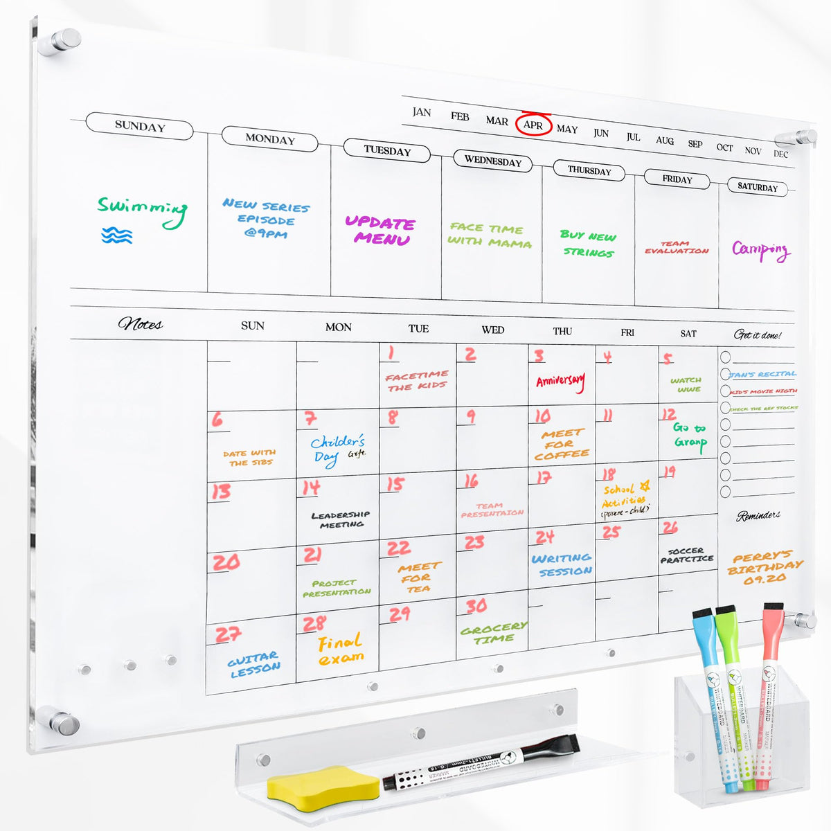 Acrylic Calendar for Wall - 24x18” Wall Calendar, Dry Erase Calender, Clear Calendar for Wall, Includes Magnetic Pen, Tray Holders, 4 Markers and 1 Eraser