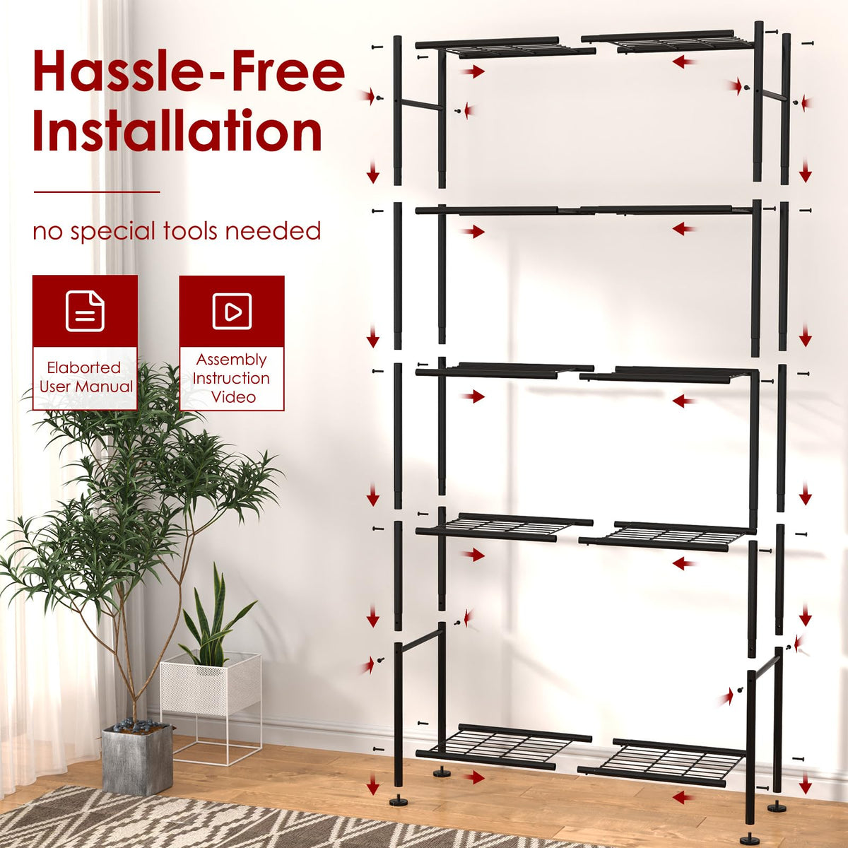 Sakugi Storage Racks - 2 Pack, 5-Tier Freestanding Steel Shelving Units with Reinforced Frame, Adjustable Garage Organization Shelves for Warehouse, Basement, Workshop, 33.5" x 12.6" x 72", Black