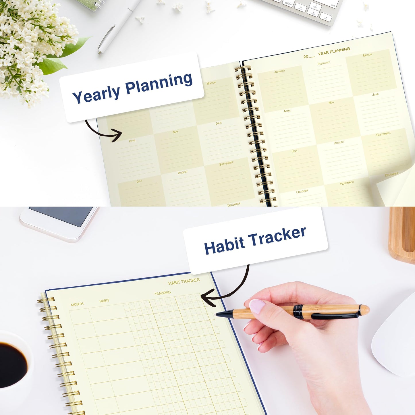 AuroPlanner Undated Daily Planner To Do List Hourly Schedule 2027 2026 2025 Calendar & Holiday Habit Tracker 180 Pages Letter Size 8.5" x 11" Sheets Hardcover Spiral Bound Notebook (Navy Blue)