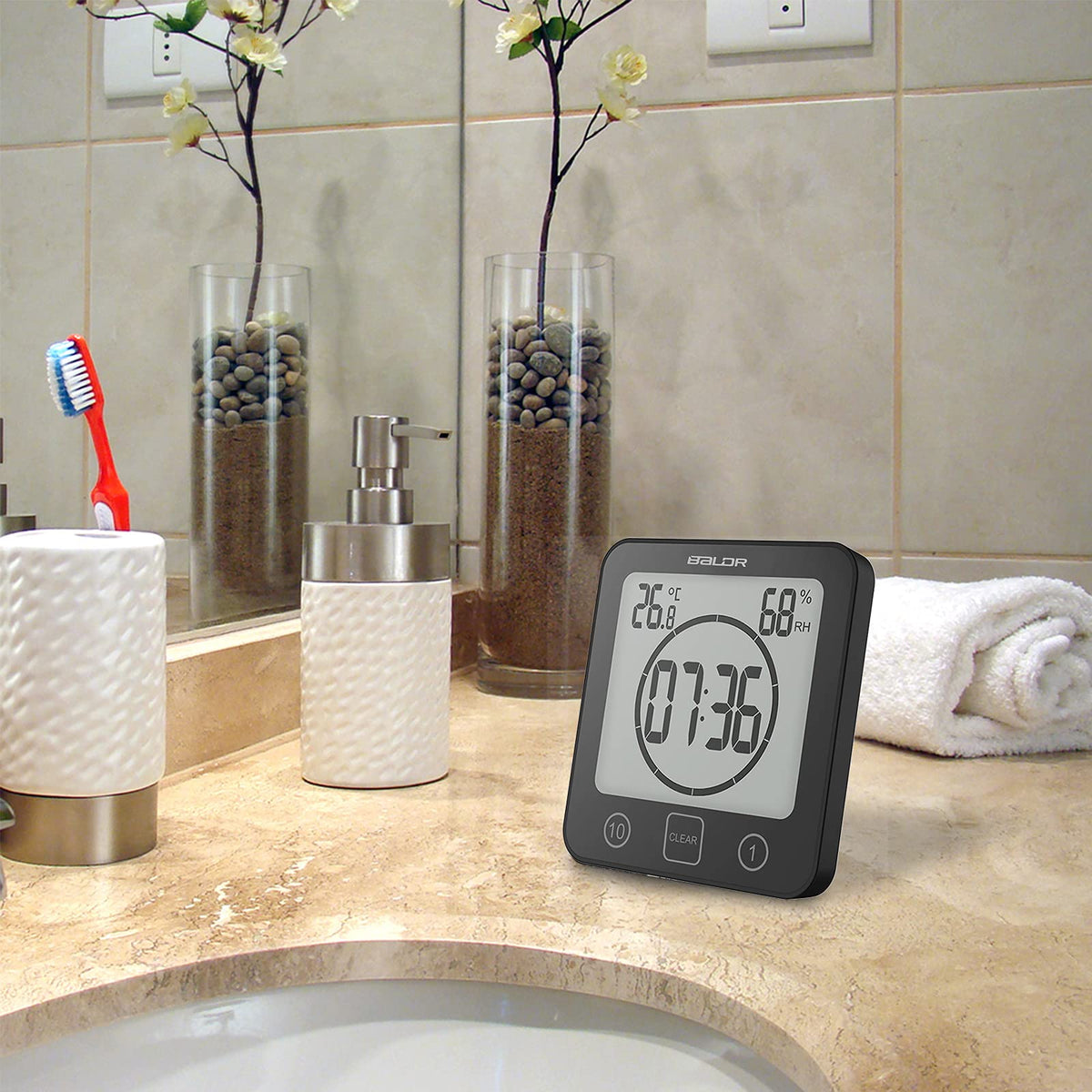 Digital Bathroom Shower LCD Wall Clock with Suction, Waterproof Temperature Humidity Gauge, Touch Screen Timer, Large Countdown Timer (Black)