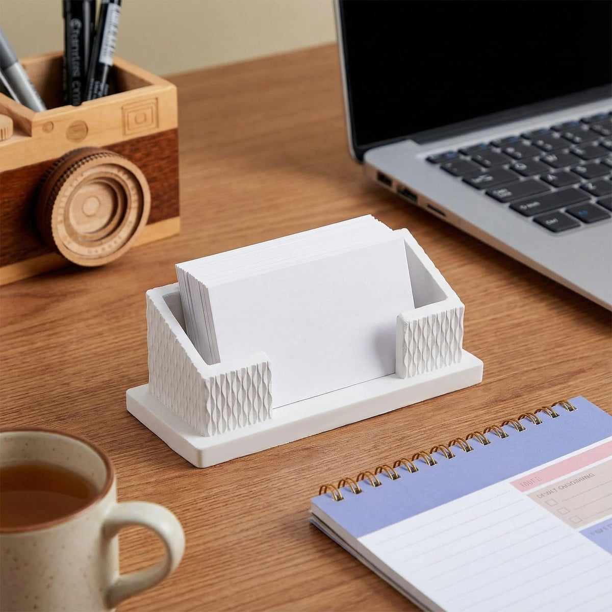 LemonRoad 2 Pcs Modern Concrete Business Card Holders for Desk Aesthetic Fluted Minimalist Concrete Business Card Display Stand Postcard Holder Organizers for Office Table Decor Desktop (White)